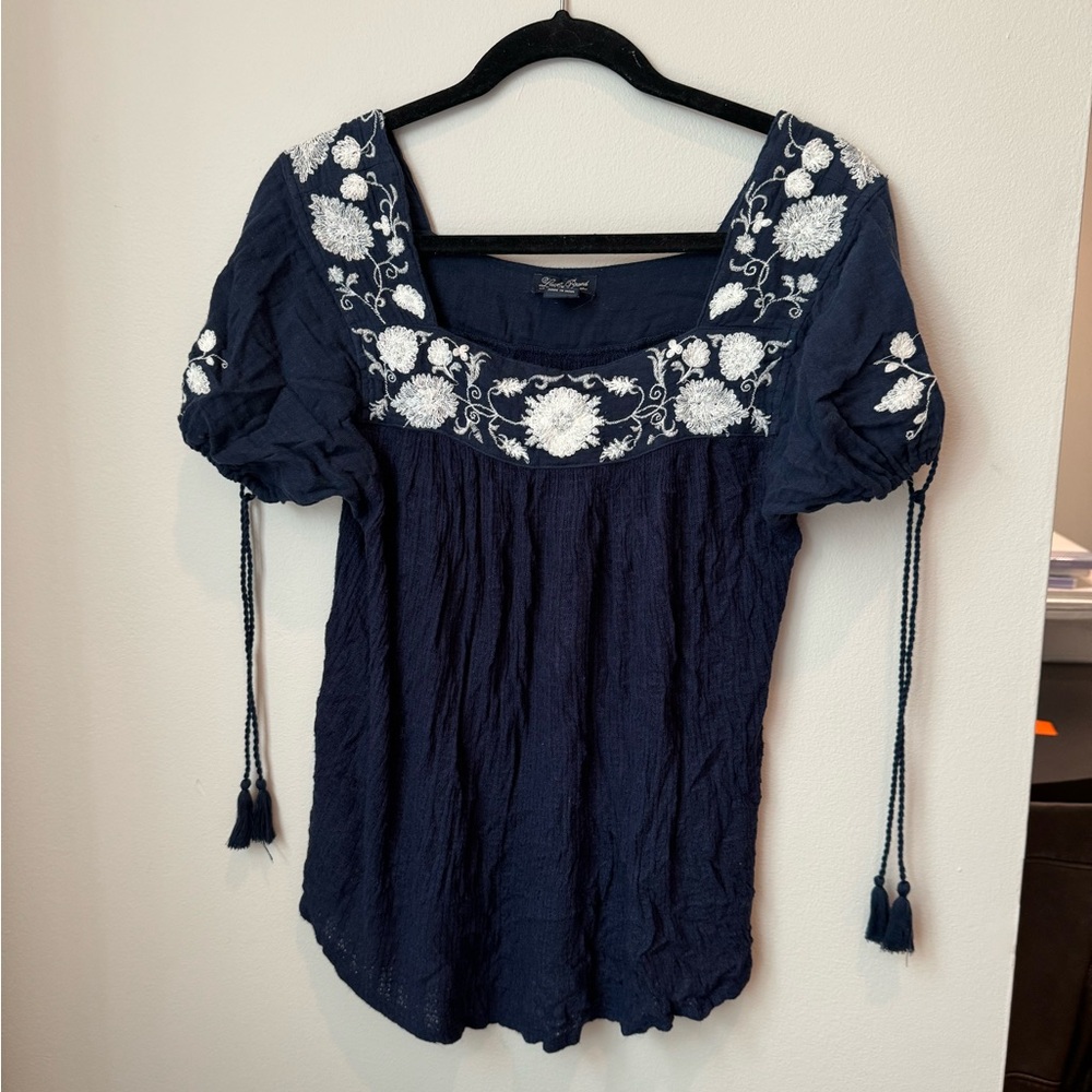 Lucky Brand square neck top with tassels and white embroidered flowers